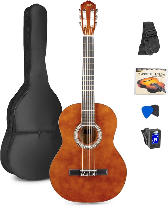 MAX SoloArt Guitarra clasica con cuerdas de nailon para Principiantes  Adultos - guitarra flamenca con Funda, Afinador, Púa, Correa y Accesorios